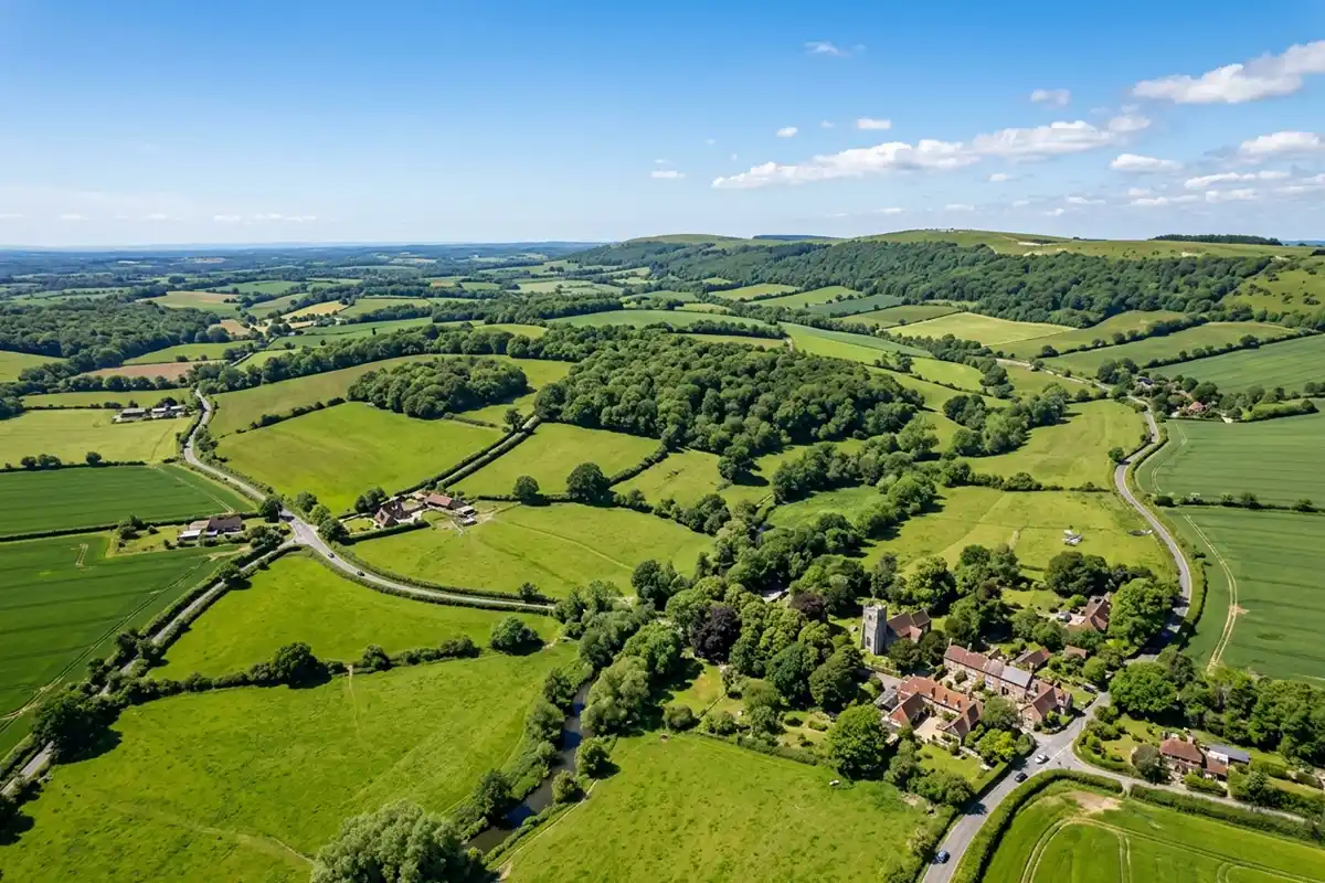 Green Hampshire countryside landscape representing Dall Cleaning Company's commitment to protecting the local environment