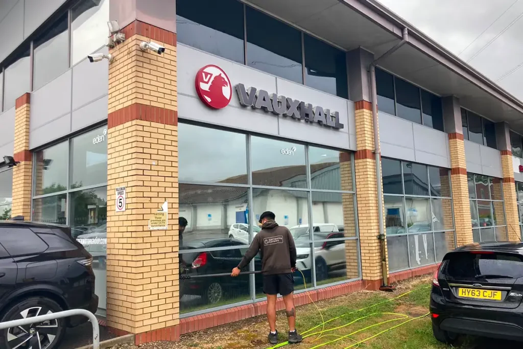 Roof Cleaning in Fareham Reach and wash window cleaning at Eden Vauxhall dealership in Fareham for a streak-free exterior finish