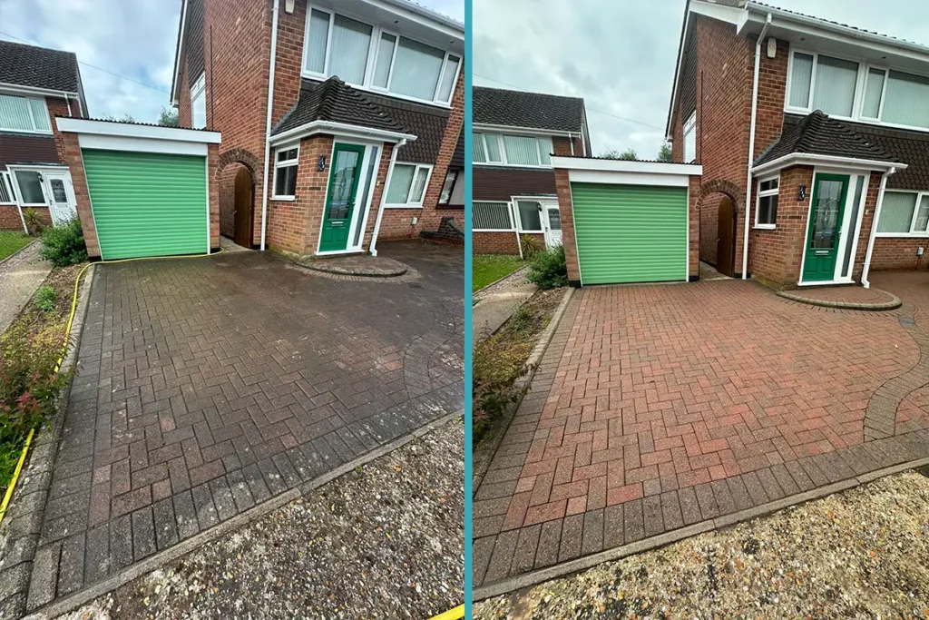 Before and after block paving cleaning in Fareham showing the results of high-pressure high-heat surface cleaning