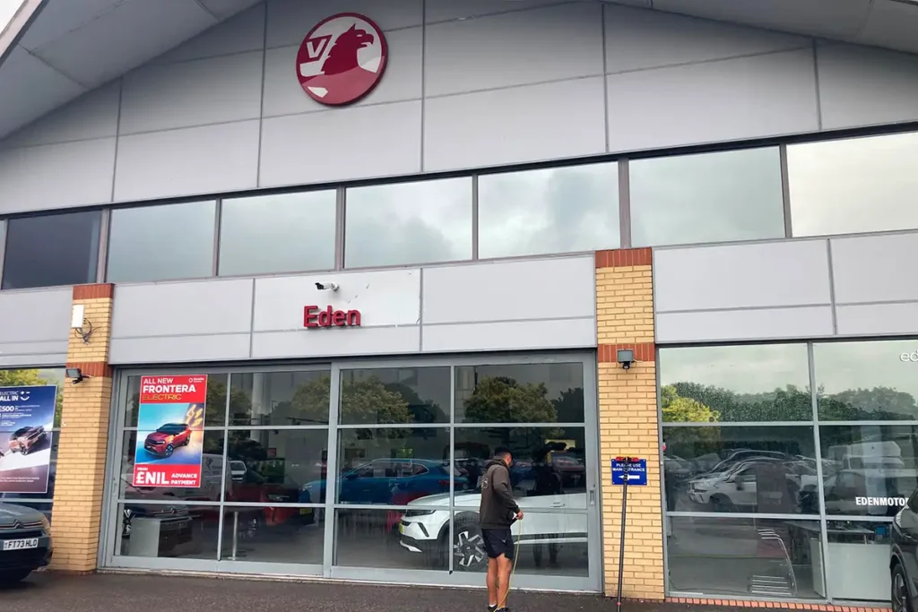 Commercial window cleaning at Eden Vauxhall in Fareham using a reach and wash pure water system