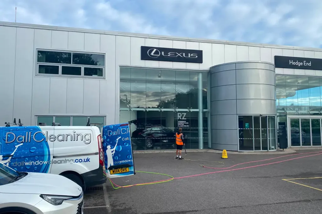 Commercial window cleaning at Lexus Hedge End completed with a reach and wash hot water pole system