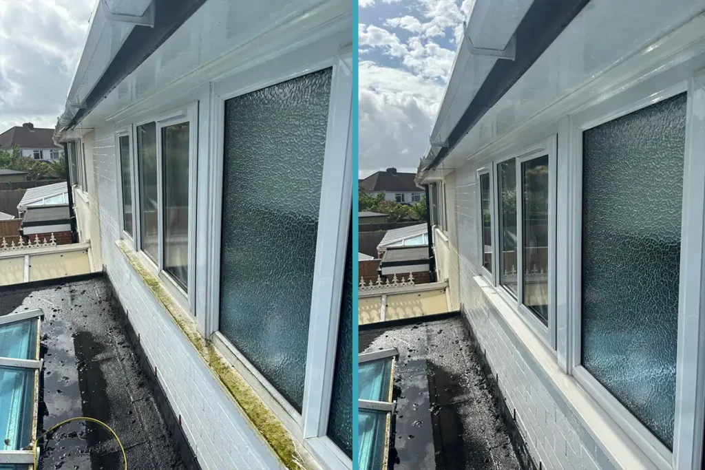 Exterior home valet in Fareham with professionally cleaned windows, frames and sills using a pure water reach and wash pole system